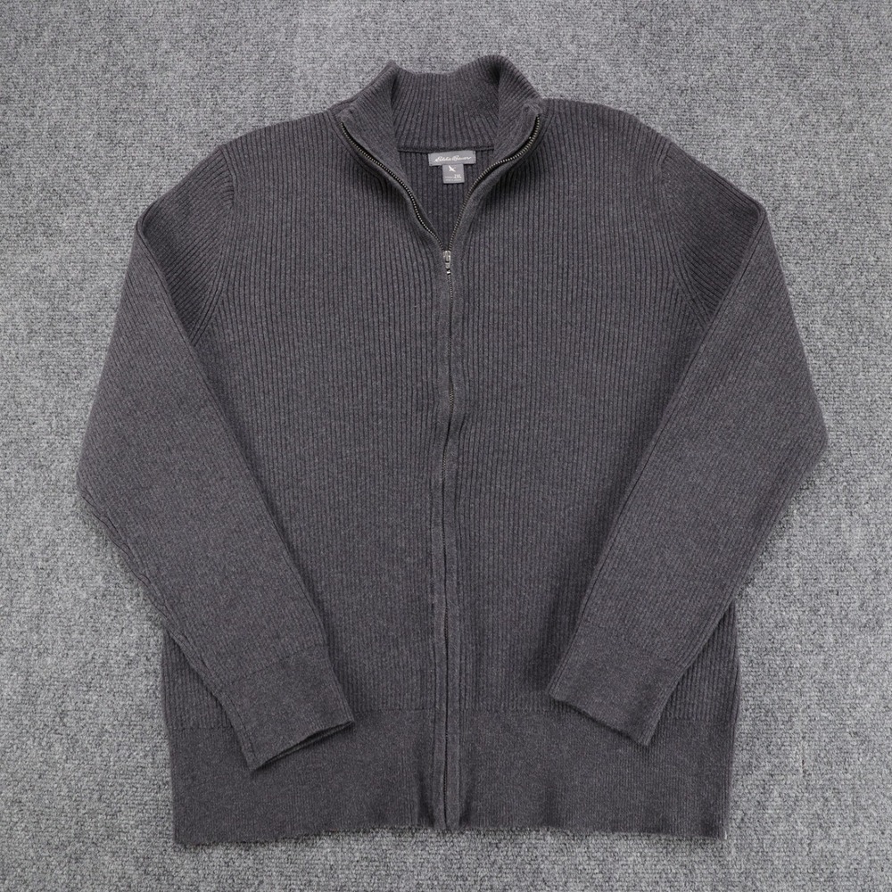 Eddie Bauer Womens 2XL Gray Ribbed Full‎ Zip Mock Neck Cotton Blend Cardigan